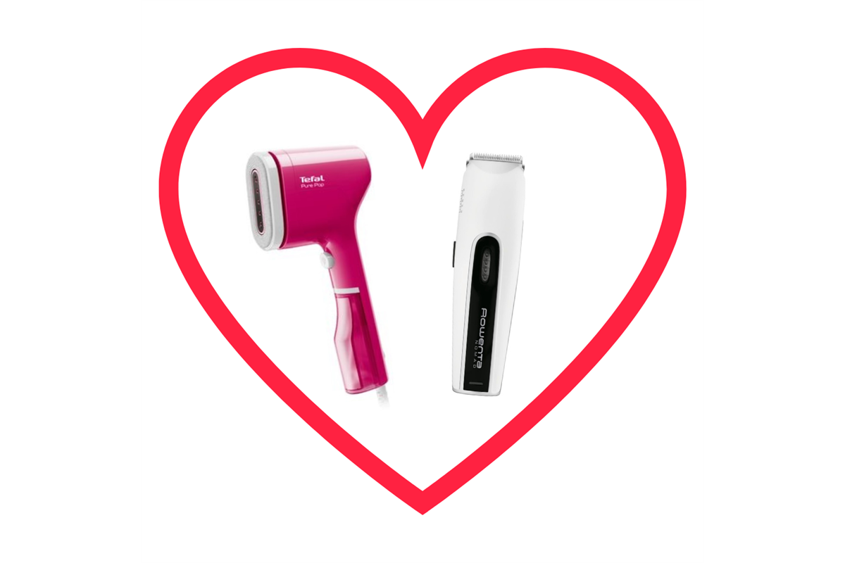 Akční set pro pár růžový napařovač oděvů Tefal Pure POP DT2023F0 a zastřihovač Rowenta Nomad Easy 2