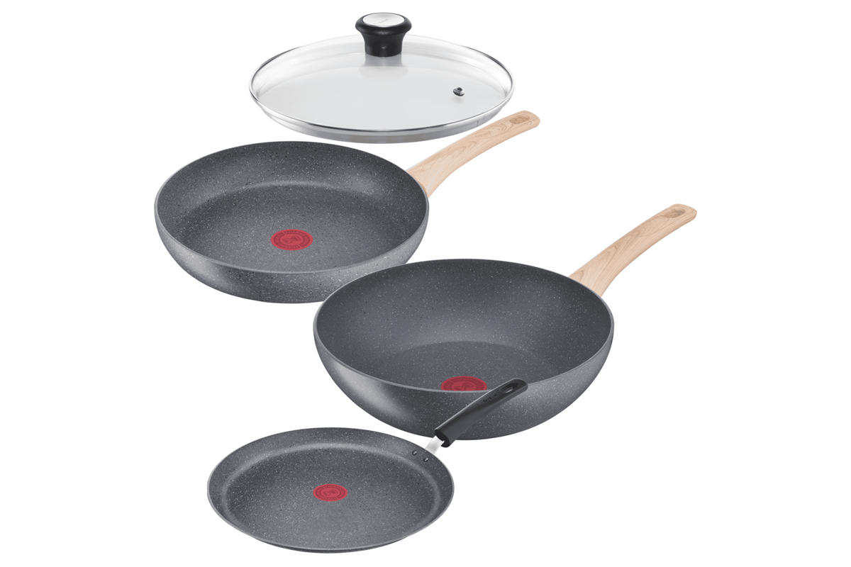 Akční set pánví Tefal Natural Force klasická 28 cm, wok 28 cm, palačinková 25 cm a poklice 28 cm