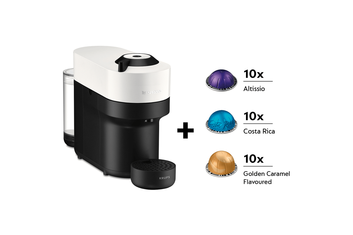 Kapslový kávovar KRUPS Nespresso Vertuo Pop + dárek 30 kapslí XN920110P Kokosově bílý/Černý