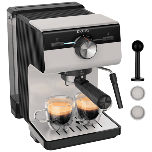 Krups Authentic XP381B10 Espresso-zeefhouder, 15 bar, intuïtieve bediening, geraffineerd design, geïntegreerd stoommondstuk, 2 l watertank, incl. accessoires, grijs/ crème